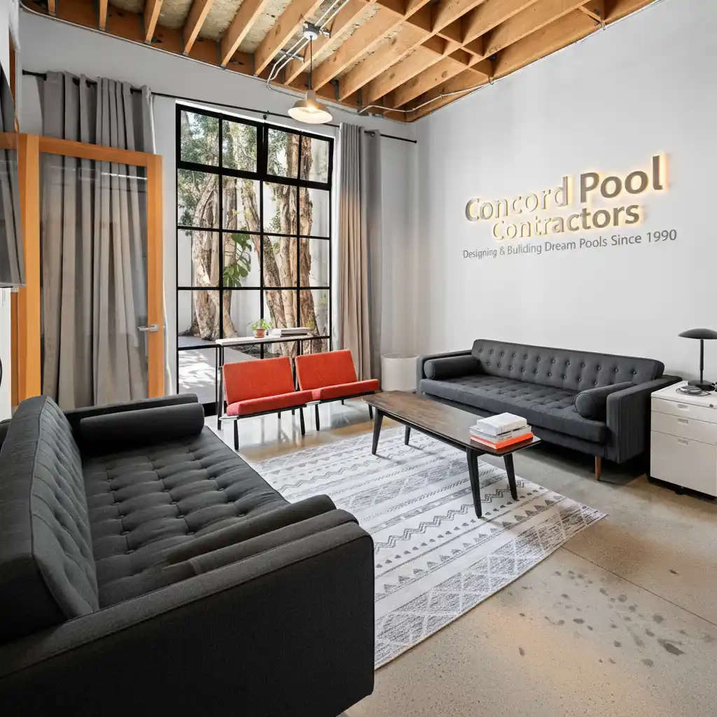 Concord Pool Contractors modern office interior with company logo on wall